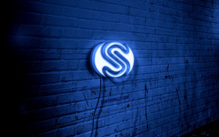 logotipo de neón de zafiro, 4k, blue brickwall, grunge art, creative, logotipo on wire, sapphire blue logo, logotipo de zafiro, obras de arte, zafiro