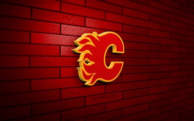 calgary flames 3d -logo, 4k, red brickwall, nhl, hockey, calgary flames logo, american hockey team, calgary flames emblem, sportlogo, calgary flames