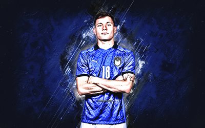 Nicolo Barella, Italy national football team, italian football player, midfielder, Italy, blue stone background, football