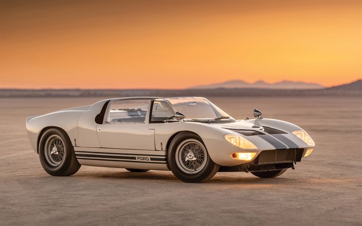 Ford GT40, 4k, headlights, 1966 cars, retro cars, desert, White Ford GT40, 1966 Ford GT40, american cars, Ford