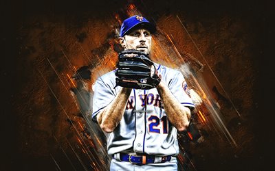 Max Scherzer, New York Mets, MLB, american baseball player, orange stone background, baseball, Major League Baseball, Maxwell Martin Scherzer
