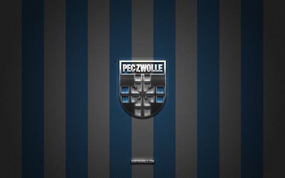pec zwolle logo, niederländischer fußballverein, eredivisie, blue white carbon hintergrund, pec zwolle emblem, fußball, pec zwolle, niederlande, pec zwolle silver metal logo
