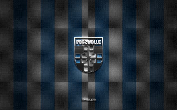 PEC Zwolle logo, Dutch football club, Eredivisie, blue white carbon background, PEC Zwolle emblem, football, PEC Zwolle, Netherlands, PEC Zwolle silver metal logo
