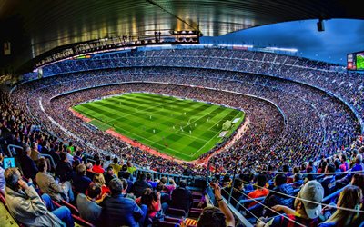 4k, Camp Nou, inside view, football field, FC Barcelona, stadium, La Liga, FC Barcelona fans, Catalonia, Spain, Spanish football stadium