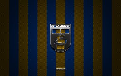 sc cambuur -logo, niederländischer fußballverein, eredivisie, blau gelber kohlenstoff hintergrund, sc cambuur -emblem, fußball, sc cambuur, niederlande, sc cambuur silver metal logo