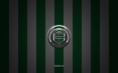 fc groningen logo, dutch football club, eredivisie, green white carbon background, fc groningen emblem, football, fc groningen, pays-bas, fc groningen silver metal logo
