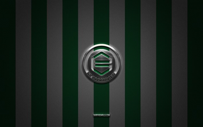 fc groningen logo, dutch football club, eredivisie, green white carbon background, fc groningen emblem, football, fc groningen, pays-bas, fc groningen silver metal logo