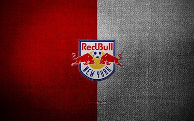 New York Red Bulls badge, 4k, red white fabric background, MLS, New York Red Bulls logo, New York Red Bulls emblem, sports logo, New York Red Bulls flag, american soccer team, New York Red Bulls, soccer, football, New York Red Bulls FC