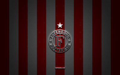 feyenoordロゴ, オランダフットボールクラブ, eredivisie, 赤い白い炭素の背景, feyenoord emblem, フットボール, feyenoord, オランダ, feyenoord silver metal logo