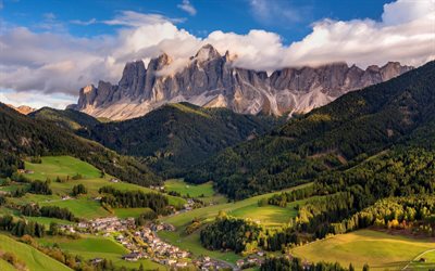 Dolomites, mountain valley, mountain landscape, evening, rocks, sunset, mountains, Alps, Italy