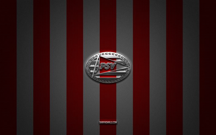 psv -logo, niederländischer fußballverein, eredivisie, roter weißer kohlenstoffhintergrund, psv -emblem, fußball, psv, niederlande, psv silber metal logo, psv eindhoven