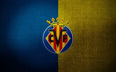 شارة فياريال, 4k, خلفية النسيج الأصفر الأزرق, لاليجا, شعار فياريال, شعار الرياضة, علم فياريال, نادي كرة القدم الأسباني, فياريال راجع, كرة القدم, فياريال fc