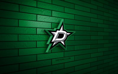 dallas stars 3d logo, 4k, green brickwall, nhl, hockey, dallas stars logo, american hockey hockey team, dallas stars emblem, sports logotipo, dallas stars