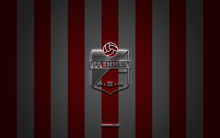 fc emmen logo, dutch football club, eredivisie, red white carbon background, fc emmen emblem, football, fc emmen, pays-bas, fc emmen silver metal logo