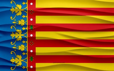 4k, Flag of Valencia, 3d waves plaster background, Valencia flag, 3d waves texture, Spanish national symbols, Day of Valencia, Spanish provinces, 3d Valencia flag, Valencia, Spain