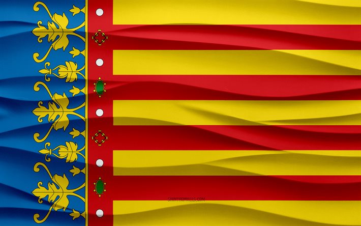 4k, バレンシアの旗, 3d wavesプラスターの背景, バレンシアフラグ, 3dウェーブテクスチャ, スペインの国民のシンボル, バレンシアの日, スペインの州, 3dバレンシアフラグ, バレンシア, スペイン