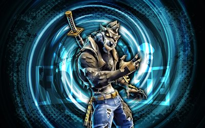 4k, Werewolf, Fortnite, blue grunge spiral background, Werewolf Skin, Werewolf Fortnite character, Werewolf Fortnite, Fortnite characters, grunge art