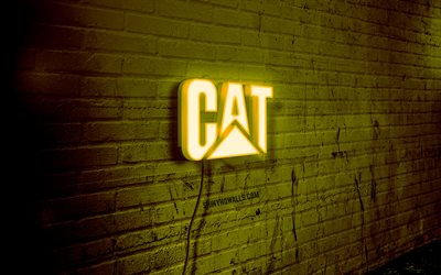 logotipo de néon de lagarta, 4k, parede de tijolos amarelos, arte grunge, criativo, marcas, gato, logotipo em arame, logotipo amarelo da lagarta, logotipo de gato, logotipo da lagarta, obra de arte, laterpillar