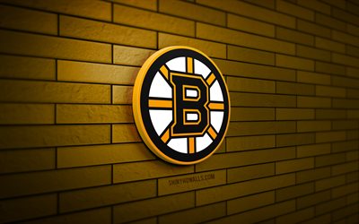 boston bruins 3d logo, 4k, sarı brickwall, nhl, hokey, boston bruins logosu, amerikan hokey takımı, boston bruins amblemi, spor logosu, boston bruins