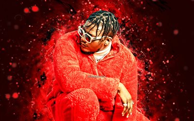 BNXN, 4k, red neon lights, nigerian singer, Afro-fusion, Buju, red abstract background, red suit, nigerian celebrity, music stars, BNXN 4K