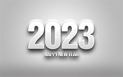 2023 Happy New Year, 4k, 2023 white 3d background, 2023 concepts, 2023 3d art, Happy New Year 2023, white background, 2023 greeting card