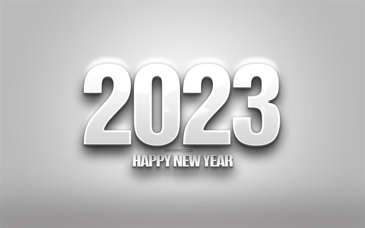 2023 happy new year, 4k, 2023 white 3d background, 2023 concepts, 2023 3d art, happy new year 2023, white background, 2023 card de vœux