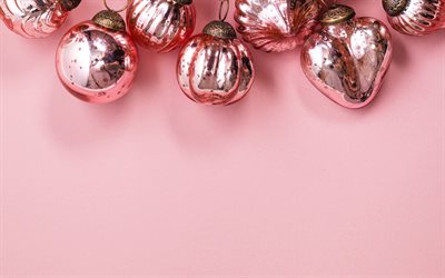 pink xmas balls, 4k, Happy New Year, christmas decorations, xmas frames, Christmas, xmas ball, pink christmas backgrounds