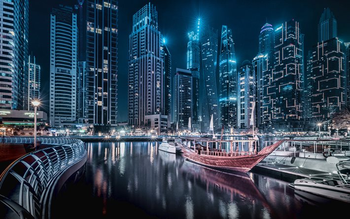 dubai marina, dubai, eau, noche, rascacielos, luces de la ciudad, yates, apartamentos de lujo, paisaje de la ciudad de dubai, dubai de noche, emiratos árabes unidos