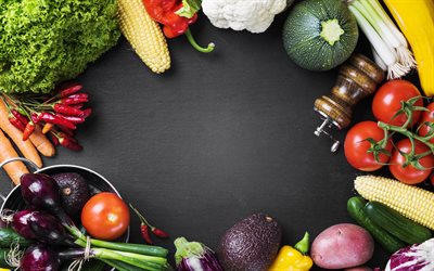 cadre de légumes, 4k, le végétarisme, les concepts végétaliens, des aliments sains, la perte de poids, l'alimentation, les légumes