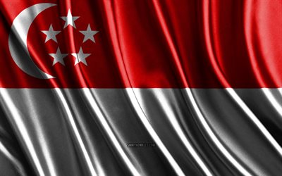 علم سنغافورة, 4k, أعلام الحرير 3d, دول آسيا, يوم سنغافورة, موجات نسيجية ثلاثية الأبعاد, أعلام متموجة من الحرير, الدول الآسيوية, الرموز الوطنية السنغافورية, سنغافورة, آسيا