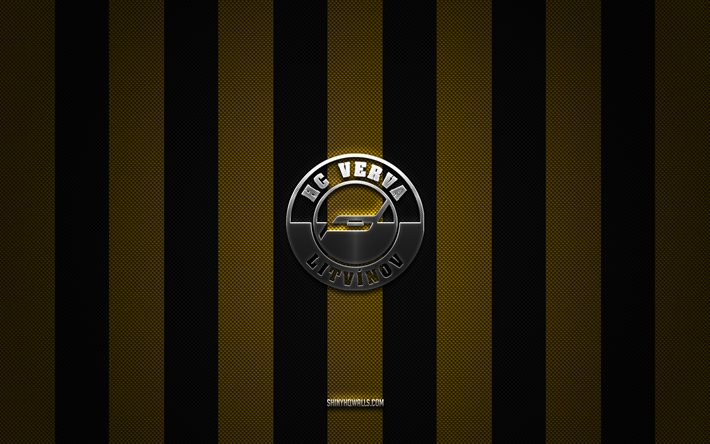 HC Litvinov logo, Czech ice hockey team, Czech Extraliga, yellow black carbon background, HC Litvinov emblem, hockey, HC Litvinov, Czech Republic, HC Litvinov silver metal logo