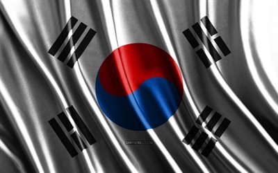 韓国の国旗, 4k, 絹の 3d 旗, アジアの国, 韓国の日, 3dファブリックウェーブ, 韓国国旗, 絹の波状の旗, 韓国の旗, アジア諸国, 韓国の国のシンボル, 韓国, アジア