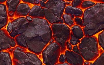 stone with lava, 4k, 3D textures, stones on fire, stone textures, 3D backgrounds, stone 3D backgrounds, gray stone, stone backgrounds, stone 3D textures