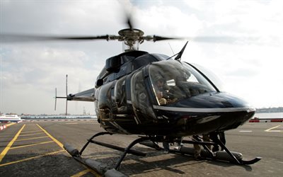 4k, bell 407, pista de aterrizaje, helicóptero negro, helicópteros multipropósito, aviación civil, aviación, bell, fotos con helicóptero