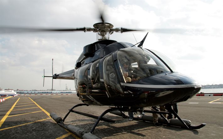 4k, bell 407, pist, siyah helikopter, çok amaçlı helikopterler, sivil havacılık, havacılık, bell, helikopterli resimler