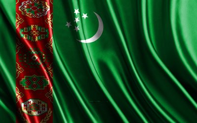 bandeira do turcomenistão, 4k, bandeiras 3d de seda, países da ásia, dia do turcomenistão, ondas de tecido 3d, bandeira turcomena, bandeiras onduladas de seda, países asiáticos, símbolos nacionais turcomanos, turcomenistão, ásia