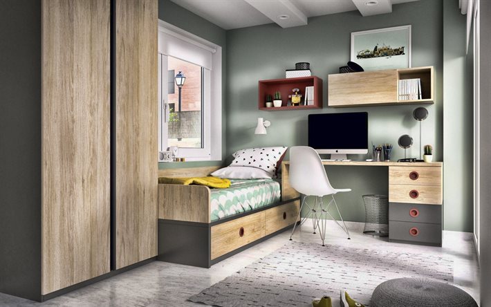 stylish interior design, childrens bedroom, green walls, furniture for a teenagers room, childrens bedroom idea, modern interior design