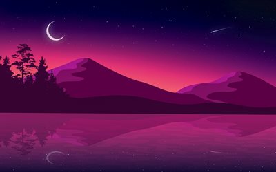 4k, abstract nightscapes, moon, mountains, lake, creative, nightscapes minimalism, abstract landscapes, abstract nature, landscapes minimalism, drawing landscapes