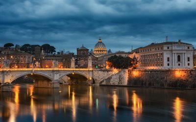 ponte vittorio emanuele ii, ponte di pietra, roma, fiume tevere, sera, tramonto, punto di riferimento di roma, paesaggio urbano di roma, viaggio a roma, italia