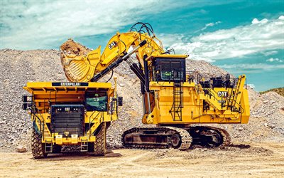 Caterpillar 777G, Caterpillar 6030, stone loading, 2022 excavators, special equipment, HDR, LKW, mining excavators, quarry, CAT 777G, cargo transport, dump trucks, CAT 6030, mining trucks, excavators, trucks, Caterpillar