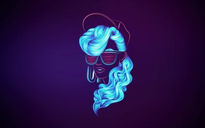 silhouette al neon blu del viso della donna, arte al neon, concetti di festa, viso della donna, ragazza con gli occhiali, silhouette del viso al neon
