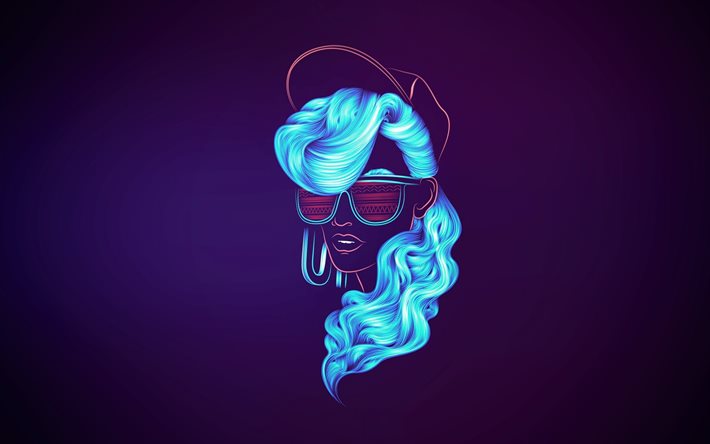 silhueta de néon azul do rosto da mulher, arte neon, conceitos de festa, rosto de mulher, garota de óculos, silhueta de rosto neon