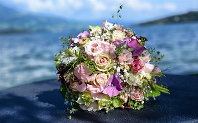 bouquet da sposa, rose, concetti di nozze, bouquet di rose, rose rosa, bellissimi fiori, sfondo di invito a nozze