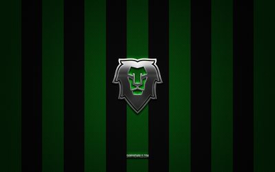 BK Mlada Boleslav logo, Czech ice hockey team, Czech Extraliga, green black carbon background, BK Mlada Boleslav emblem, hockey, BK Mlada Boleslav, Czech Republic, BK Mlada Boleslav silver metal logo