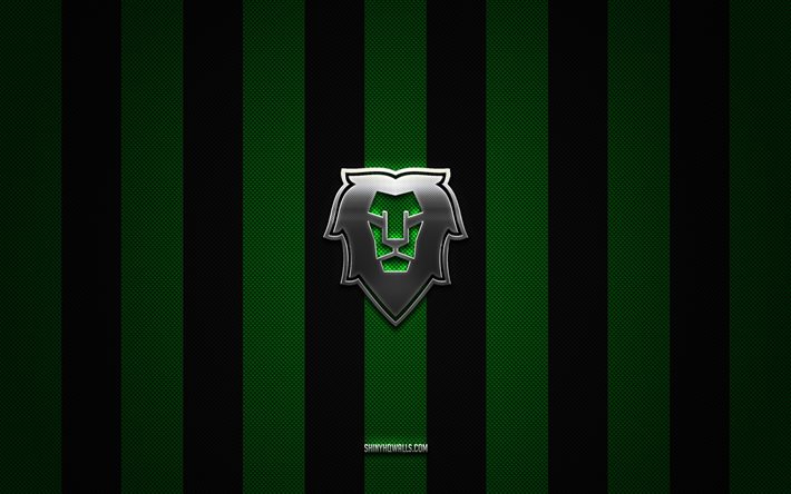 BK Mlada Boleslav logo, Czech ice hockey team, Czech Extraliga, green black carbon background, BK Mlada Boleslav emblem, hockey, BK Mlada Boleslav, Czech Republic, BK Mlada Boleslav silver metal logo