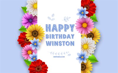 ウィンストンお誕生日おめでとう, 4k, カラフルな 3 d の花, ウィンストンの誕生日, 青い背景, 人気のあるアメリカ人男性の名前, ウィンストン, ウィンストンの名前の写真, ウィンストン名, ウィンストン・ハッピーバースデー