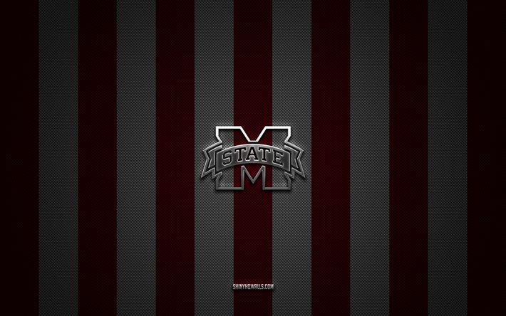Mississippi State Bulldogs logo, American football team, NCAA, burgundy white carbon background, Mississippi State Bulldogs emblem, football, Mississippi State Bulldogs, USA, Mississippi State Bulldogs silver metal logo
