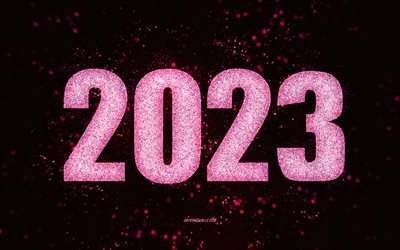 sfondo rosa 2023, 4k, felice anno nuovo 2023, arte glitter, sfondo rosa glitter 2023, concetti 2023, luci rosa, modello rosa 2023