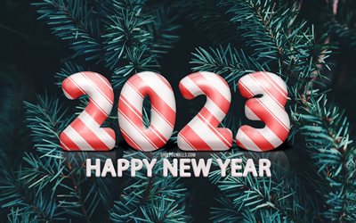 2023 feliz año nuevo, 4k, dígitos de dulces 3d, 2023 conceptos, creativo, 2023 dígitos 3d, dulces de navidad, feliz año nuevo 2023, árboles de navidad, 2023 fondo verde, año 2023