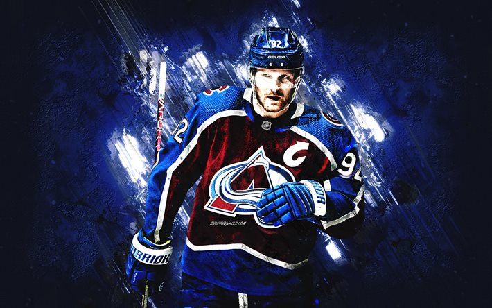 Gabriel Landeskog, Colorado Avalanche, NHL, portrait, blue stone background, hockey, USA, National Hockey League